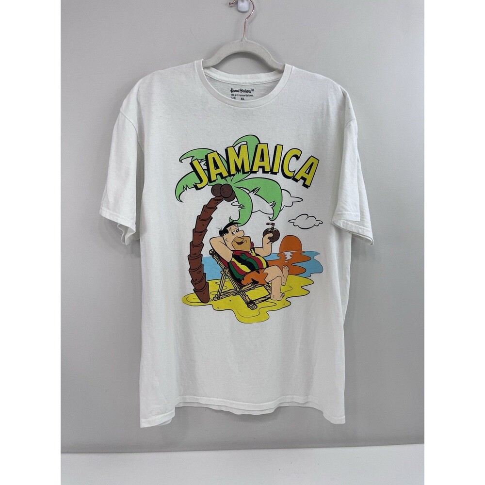 T-Shirt Hanna Barbera The Flintstones Fred JAMAICA Beach Unisex White Sz XL